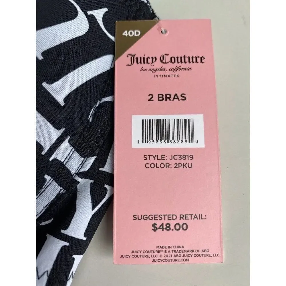 Juicy Couture Sleek & Smooth 2 Pack‎ Bra JC3819 Lined Size 40D Black Teal NEW